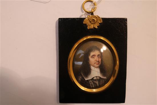 19th century English School Portrait of a gentleman, with long brown hair, wearing a suit of armour and a white lawn collar, 1.5 x 1.5i